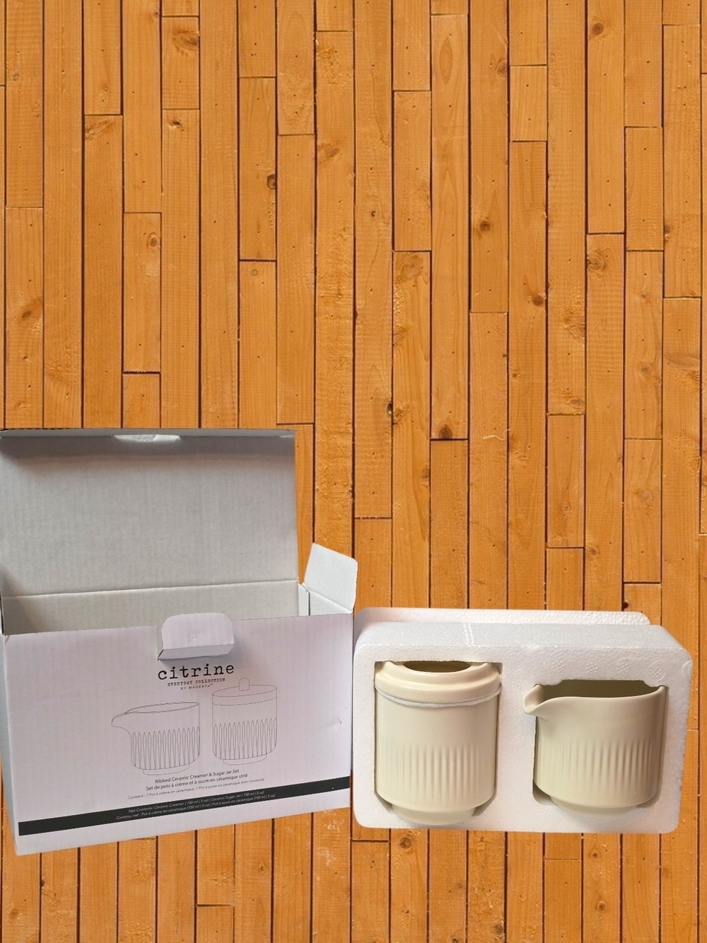 Citrine by Magenta Ribbed Ceramic Creamer & Sugar Jar Set NIB Neutral Kitchen